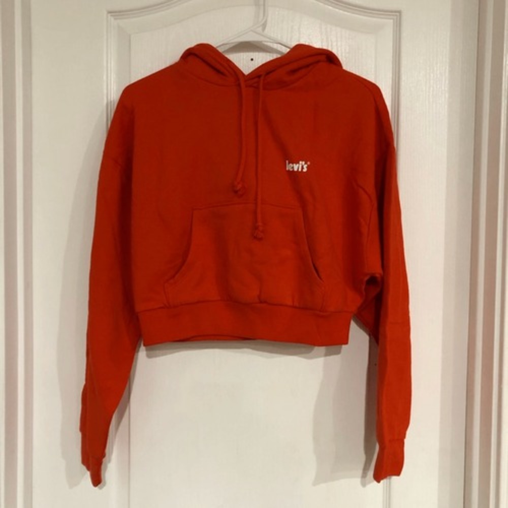 Levis Womens Orange Cropped Hoodie Sweatshirt Logo Graphic Size Large NWT